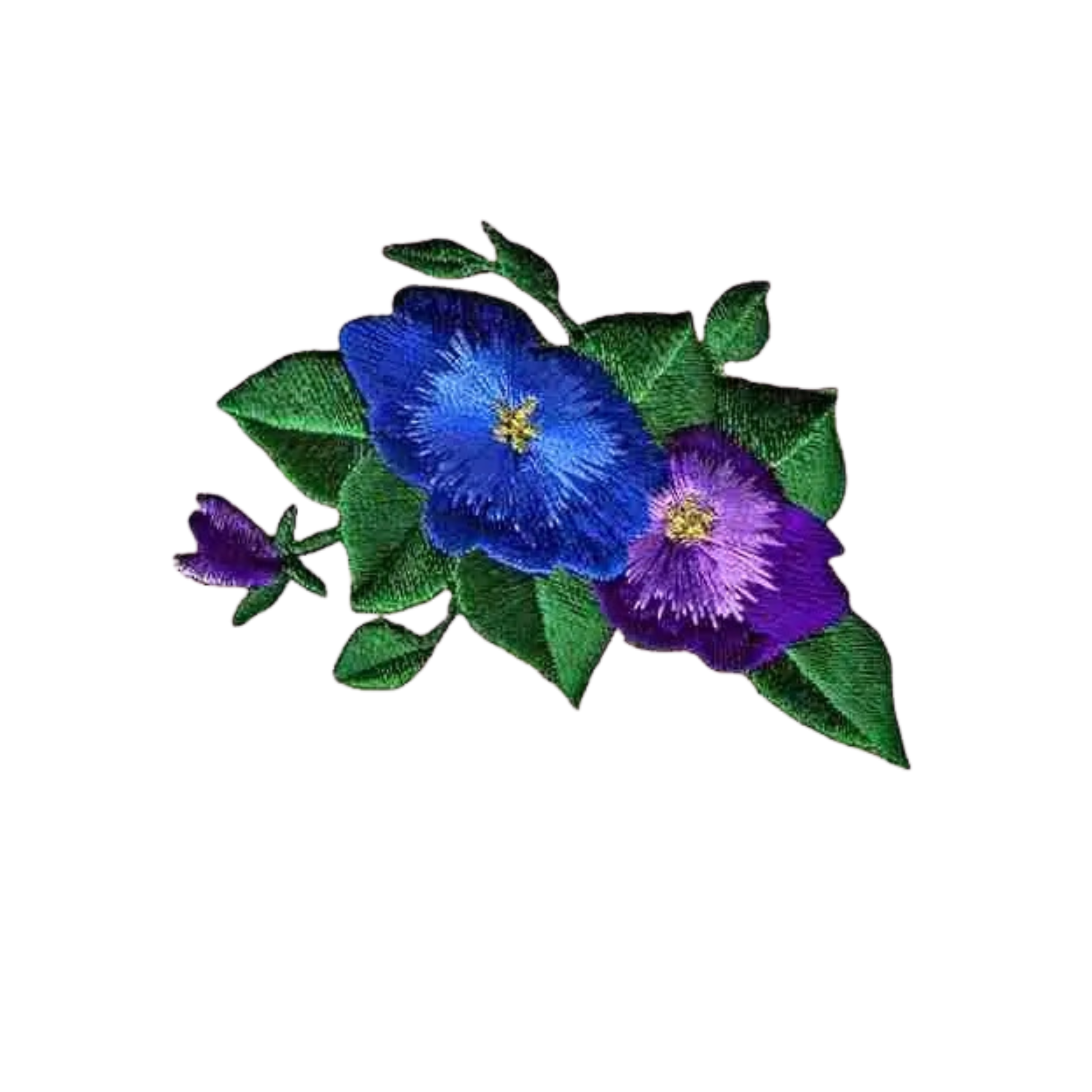 The LaughingLizards Blue & Purple Pansies (2-Pack) Iron On Floral Patch features embroidered pansy flowers with green leaves—perfect for adding a charming touch to your clothing or accessories.