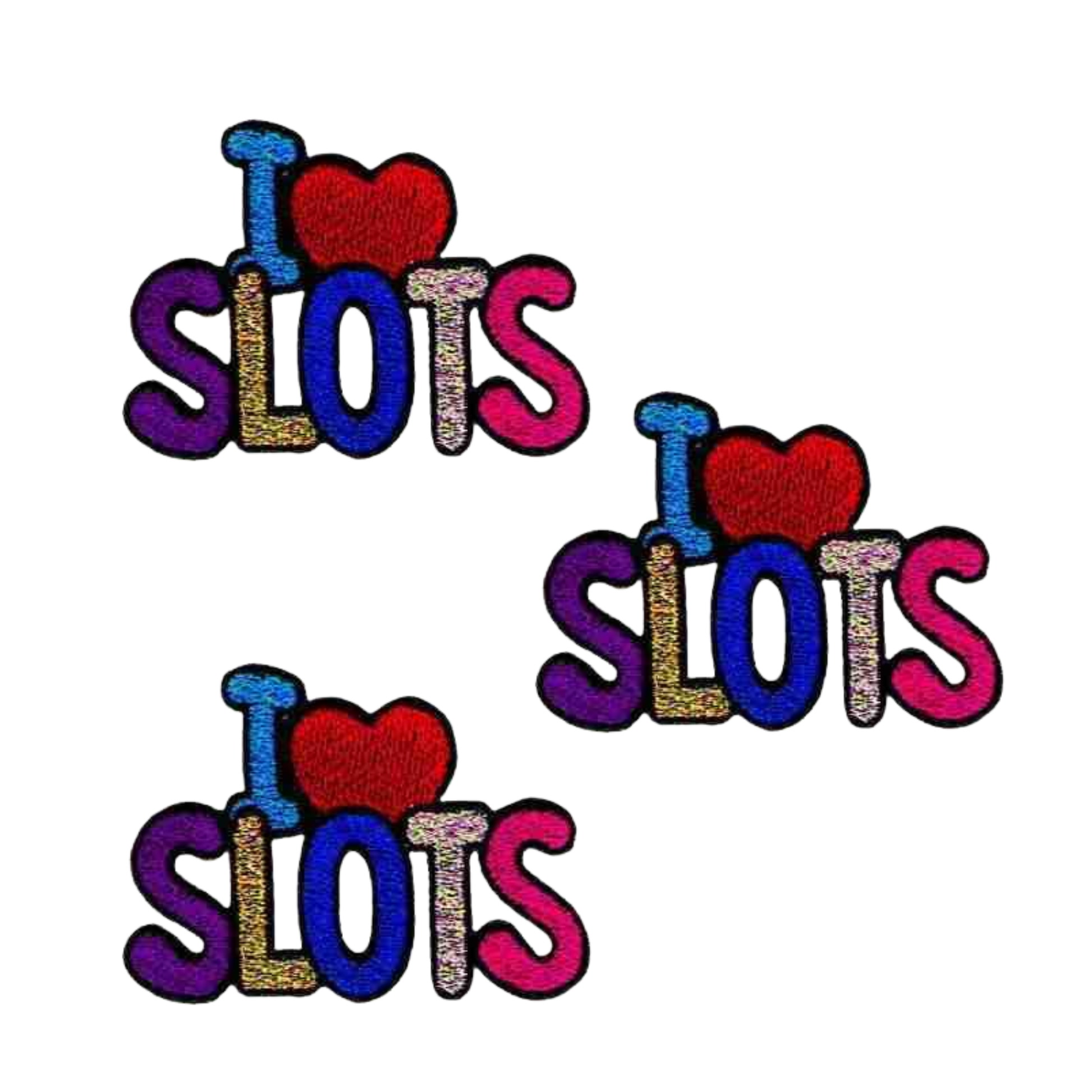 Three Laughing Lizards I HEART Gambling iron on patches (3-pack) with colorful letters and a red heart, shown on a white background.