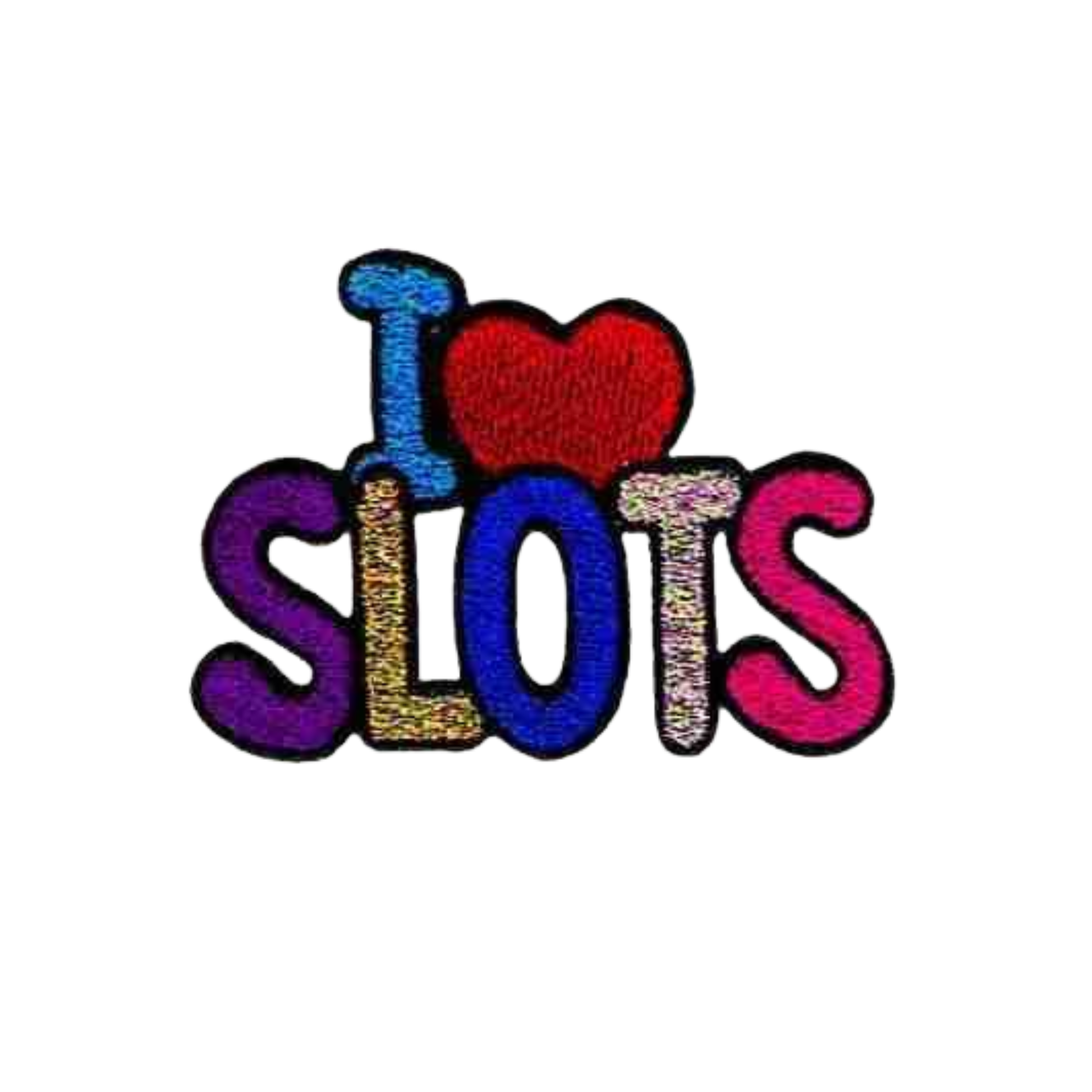 The Laughing Lizards I HEART Gambling (3-Pack) Iron On Patch features colorful "I ♥ SLOTS" embroidery—perfect as a fun slot machine applique for jackets or bags.