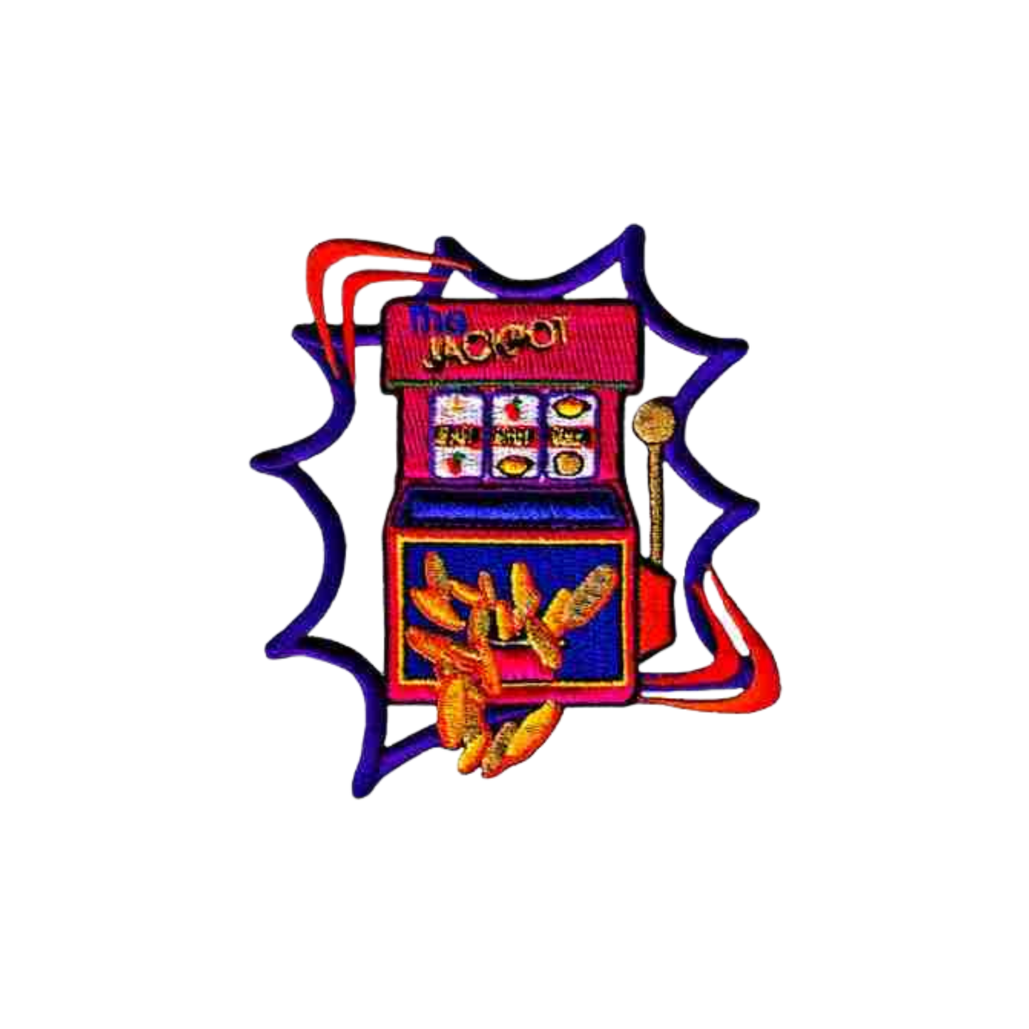 Jackpot Slot Machine Gambling (2-Pack) Iron On Patch by LaughingLizards features a colorful slot machine with coins spilling out, framed by a jagged blue and red border—ideal for custom patch or embroidery projects.