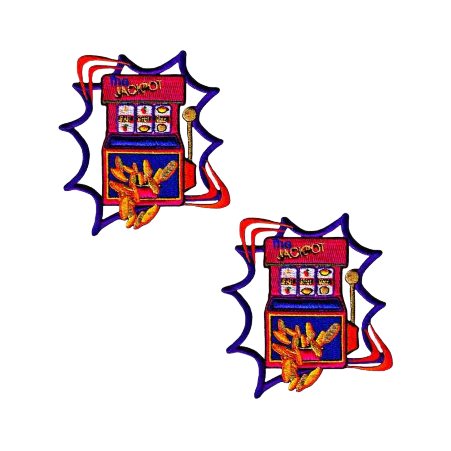 Add casino flair to your gear with LaughingLizards' Jackpot Slot Machine Gambling Iron On Patch (2-Pack)—each white patch features "Jackpot" slot machines with spilling coins and jagged blue, red, and white outlines.