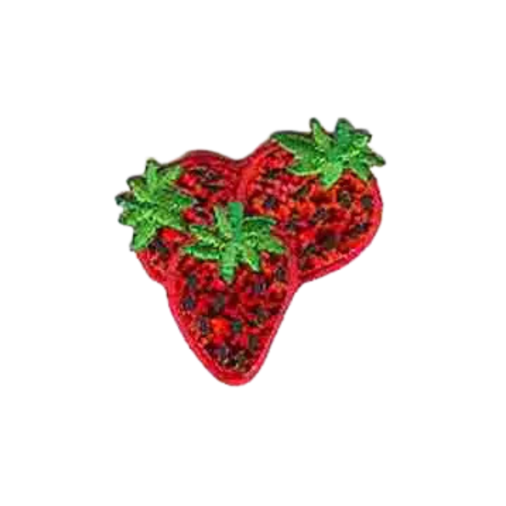 The LaughingLizards Sequined Shimmering Strawberries Fruit (3-Pack) Iron On Patch features three red strawberry patches with green tops, perfect for DIY crafts or as an easy iron-on accessory.