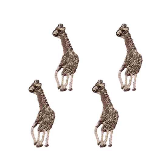 The Laughing Lizards Small Baby Giraffe Patches (4 Pack) feature four upright giraffes on a white background, perfect for adding a cute safari touch to any embroidered iron-on patch collection.