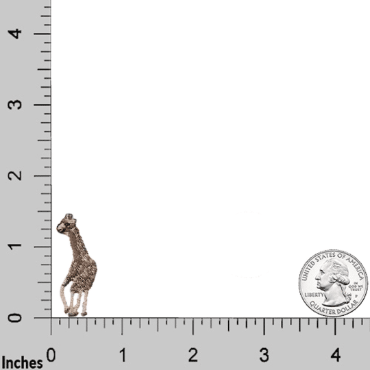 The Laughing Lizards Small Baby Giraffe Patch, shown beside a U.S. quarter on an inch grid, measures about 1 inch tall. This safari-themed iron-on patch comes in a 4 pack.