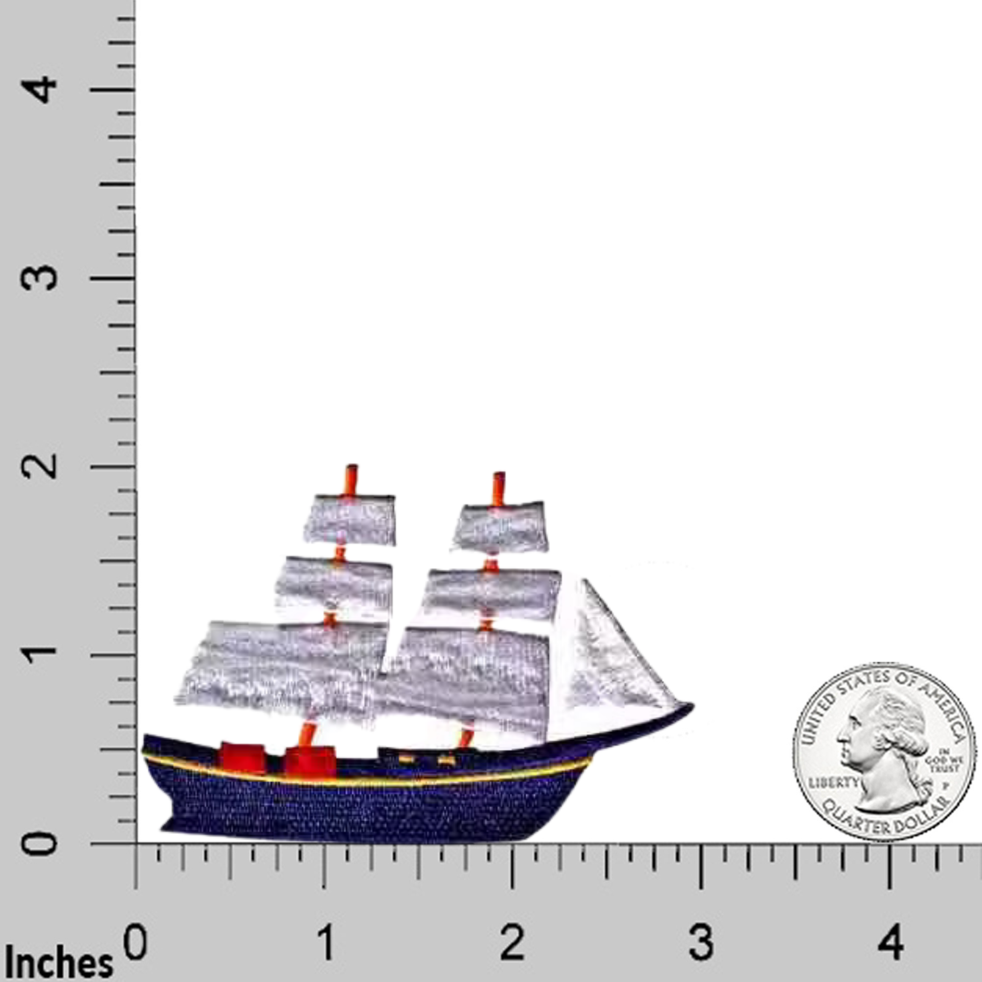 The LaughingLizards Tall Masted Ship Nautical Iron On Patch (3-Pack) is displayed alongside a U.S. quarter and an inch ruler for size comparison.