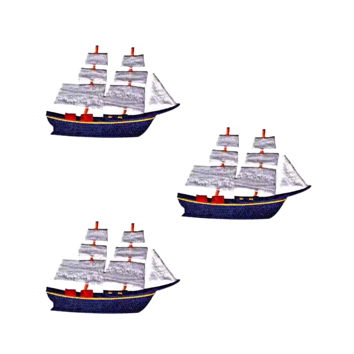 The LaughingLizards Tall Masted Ship Nautical (3-Pack) Iron On Patch features three identical sailing ships with white sails and blue hulls, perfect for marine-themed decoration or nautical enthusiasts.