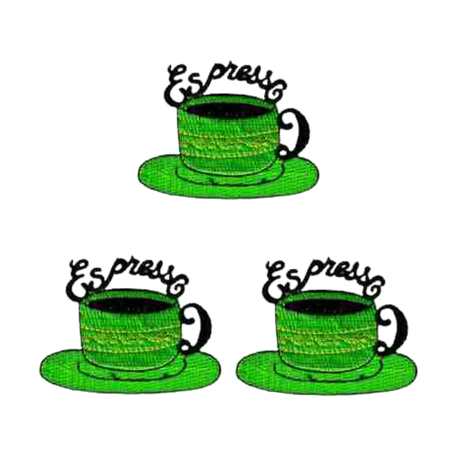 The Laughing Lizards Cup of Espresso in Green (3-Pack) Iron On Patch features three green espresso cups with matching saucers and "Espresso" in black script, all embroidered on a crisp white background.