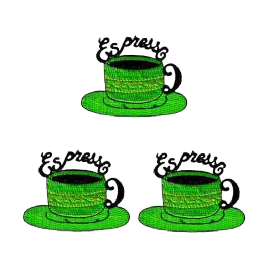 The Laughing Lizards Cup of Espresso in Green (3-Pack) Iron On Patch features three green espresso cups with matching saucers and "Espresso" in black script, all embroidered on a crisp white background.