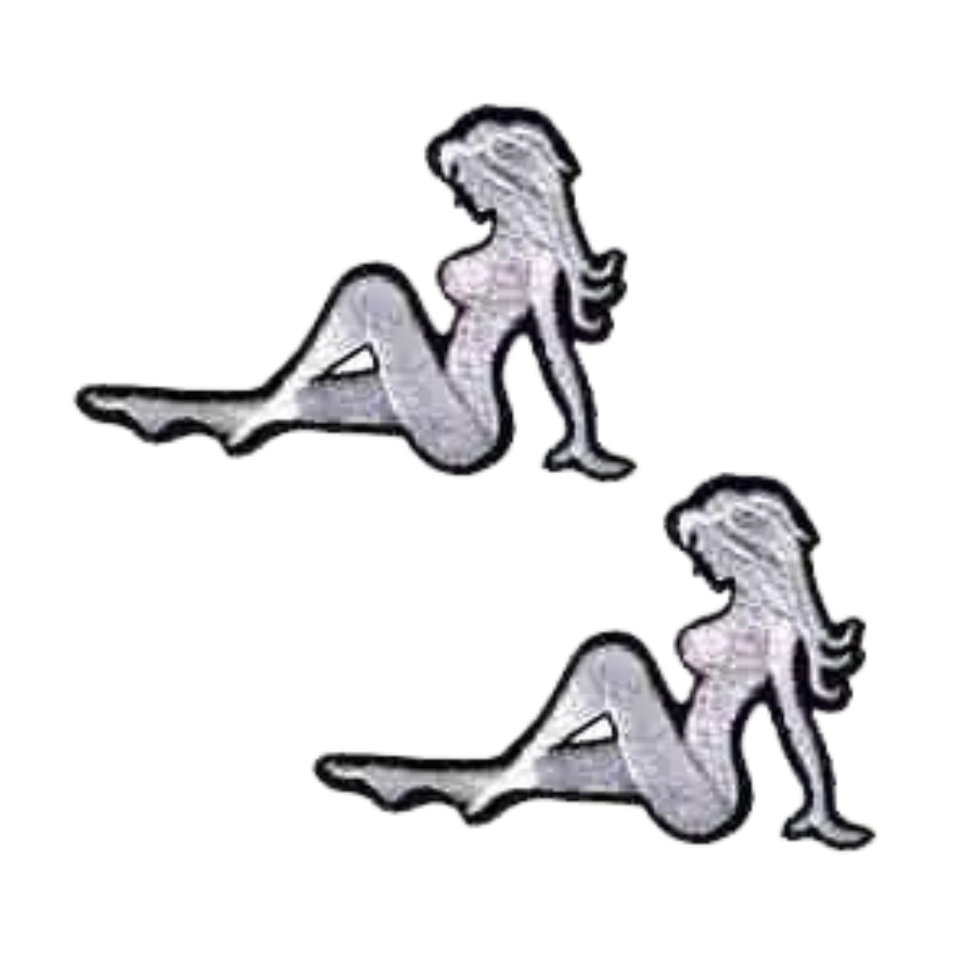 The Laughing Lizards Sexy Embroidered Trucker Mudflap Girl (Left Facing) Iron On Patch 2-Pack features black and white outline patches, perfect for DIY clothing accessories.
