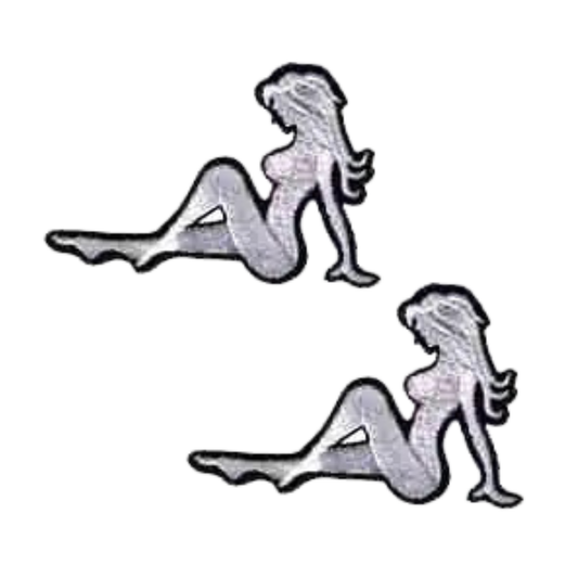 The Laughing Lizards Sexy Embroidered Trucker Mudflap Girl (Left Facing) Iron On Patch 2-Pack features black and white outline patches, perfect for DIY clothing accessories.