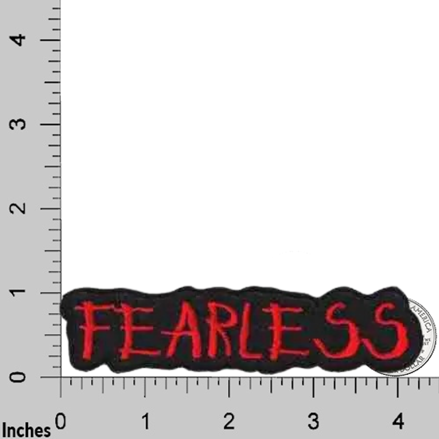 The LaughingLizards FEARLESS Namedrop (2-Pack) Iron On Patch features bold red lettering on a black background, shown on a grid with inch measurements—ideal for DIY clothing customization.