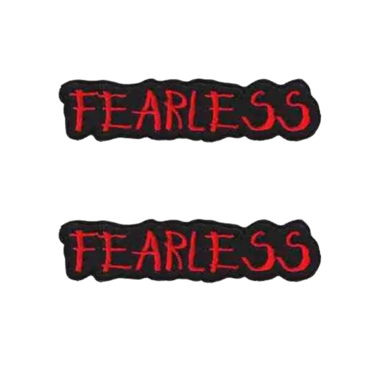 The LaughingLizards FEARLESS Namedrop (2-Pack) Iron On Patch features "FEARLESS" in bold red letters on black—perfect for a striking DIY clothing upgrade.