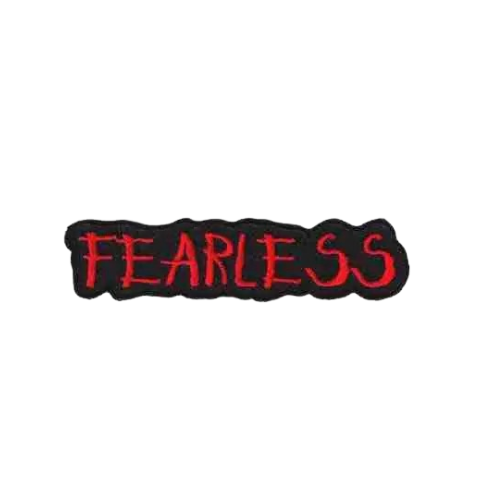 Bold and striking, the LaughingLizards FEARLESS Namedrop (2-Pack) Iron On Patch features "FEARLESS" in red on black—ideal for adding a DIY touch to your clothing or accessories.