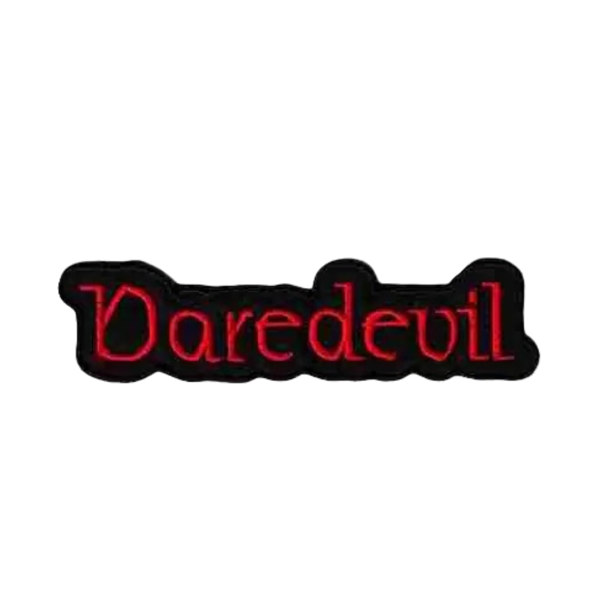 The LaughingLizards DAREDEVIL Namedrop (2-Pack) Iron On Patch features bold red lettering on black, ideal as a DIY crafts accessory or to customize your favorite gear.