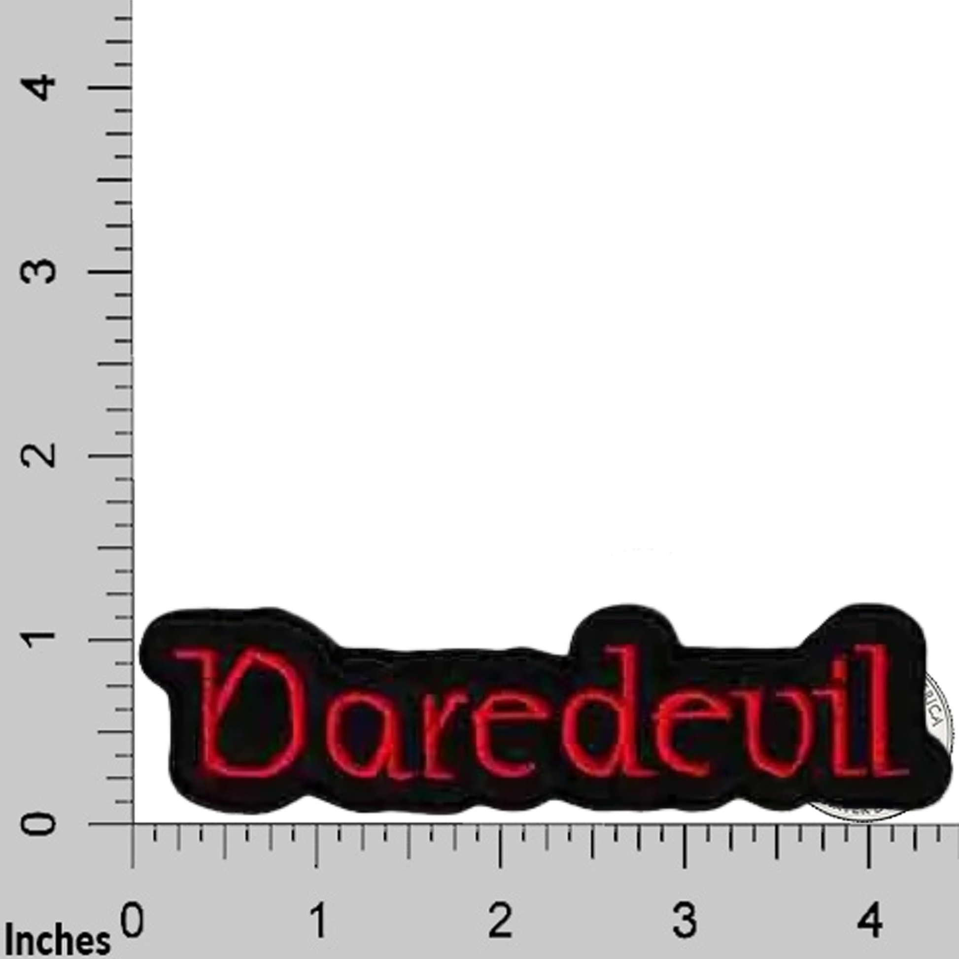 The LaughingLizards DAREDEVIL Namedrop (2-Pack) Iron On Patch features black fabric with bold red text—ideal for DIY crafts or adding flair to your gear. Each patch is shown on a grid with inch measurements for sizing reference.