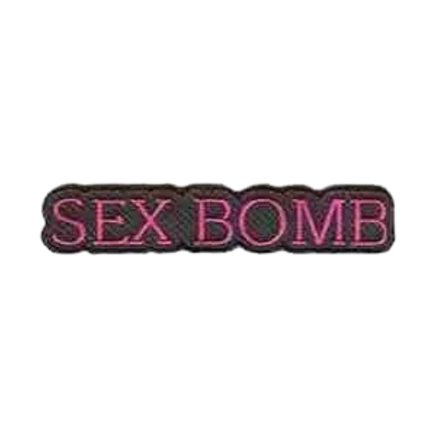 The LaughingLizards SEX BOMB (2-Pack) Iron on Patch features bold pink "SEX BOMB" embroidery on black—an eye-catching DIY accessory ideal for customizing your denim jacket.