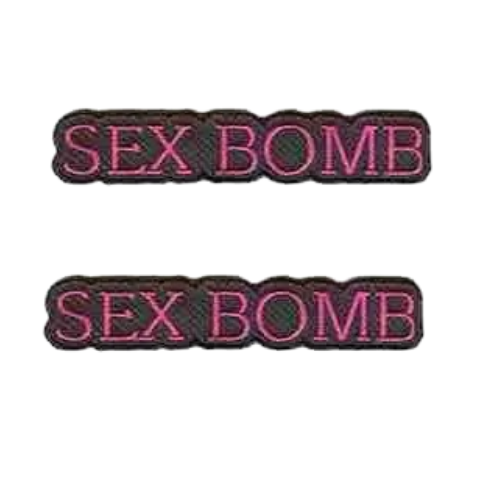 The LaughingLizards SEX BOMB (2-Pack) Iron on Patches feature bold pink letters on black—ideal for denim jackets or DIY accessories.