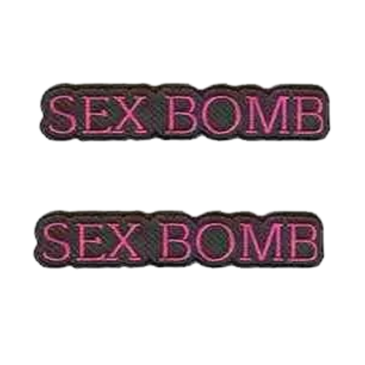 The LaughingLizards SEX BOMB (2-Pack) Iron on Patches feature bold pink letters on black—ideal for denim jackets or DIY accessories.