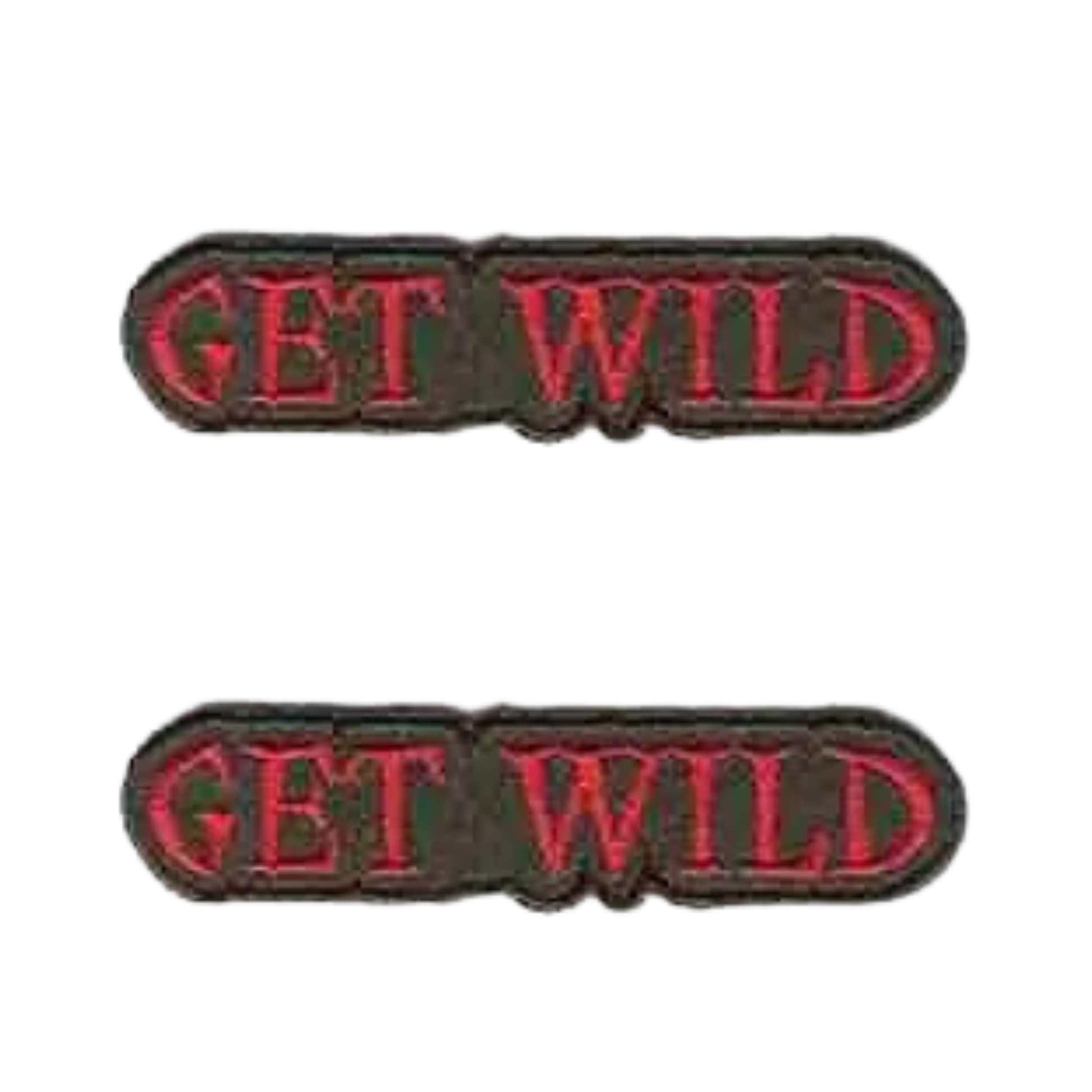 The LaughingLizards GET WILD (3-Pack) Iron On Patch features bold red lettering on black—a striking DIY accessory perfect for jackets, bags, and more.
