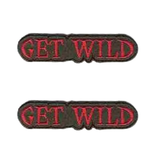 The LaughingLizards GET WILD (3-Pack) Iron On Patch features bold red lettering on black—a striking DIY accessory perfect for jackets, bags, and more.