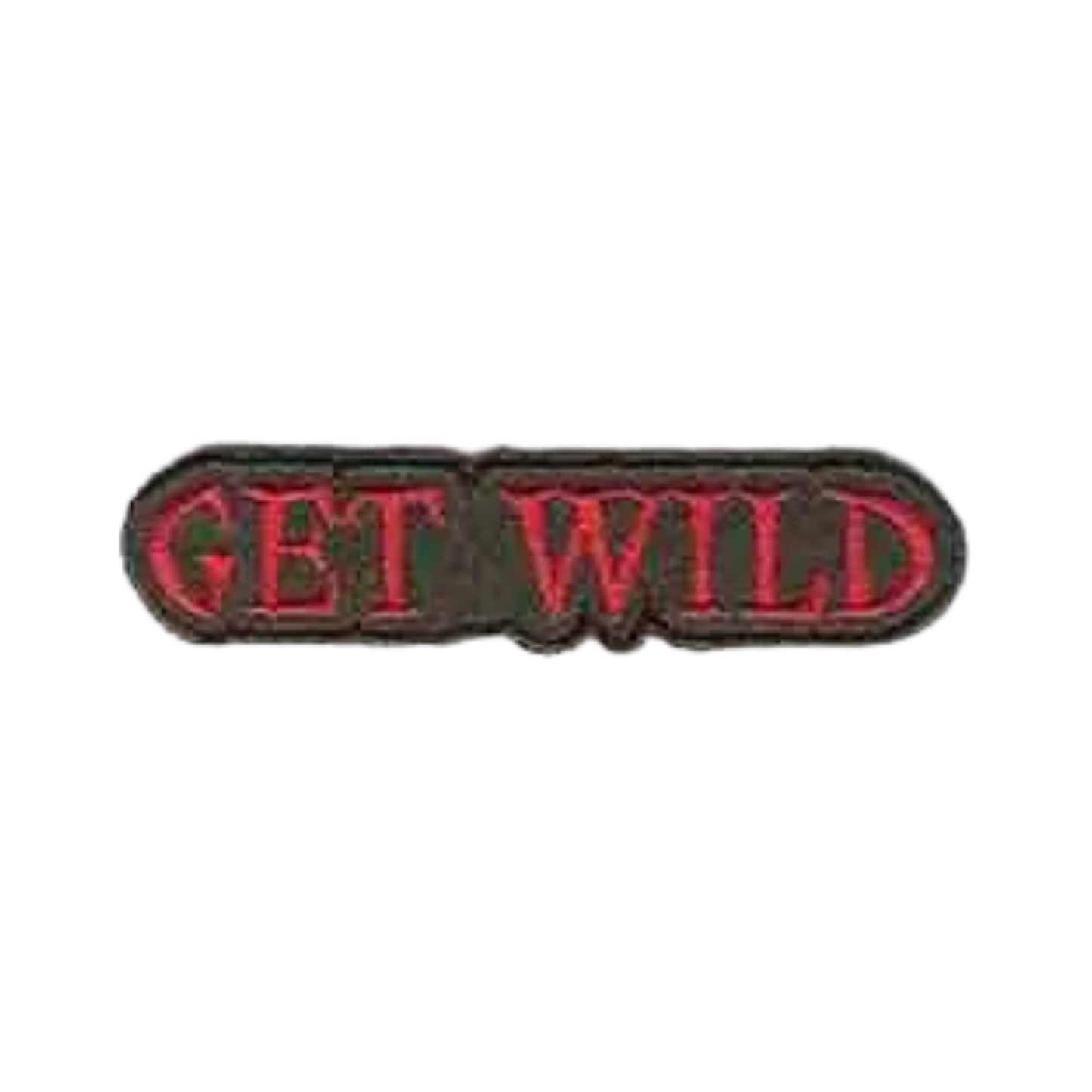 The LaughingLizards GET WILD (3-Pack) Iron On Patch features "GET WILD" in red on black—bold embroidered patches ideal for DIY accessory projects.