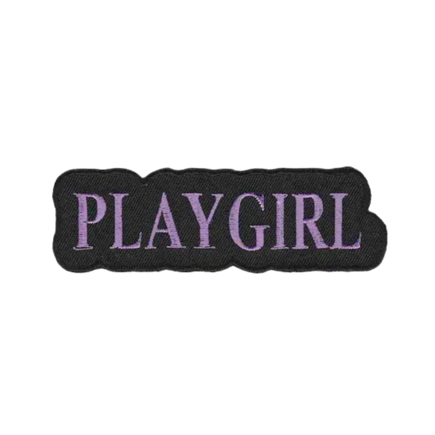 The LaughingLizards PLAYGIRL (2-Pack) Iron On Patch features "PLAYGIRL" in light purple on black—ideal for customizing clothes or as a unique DIY accessory.