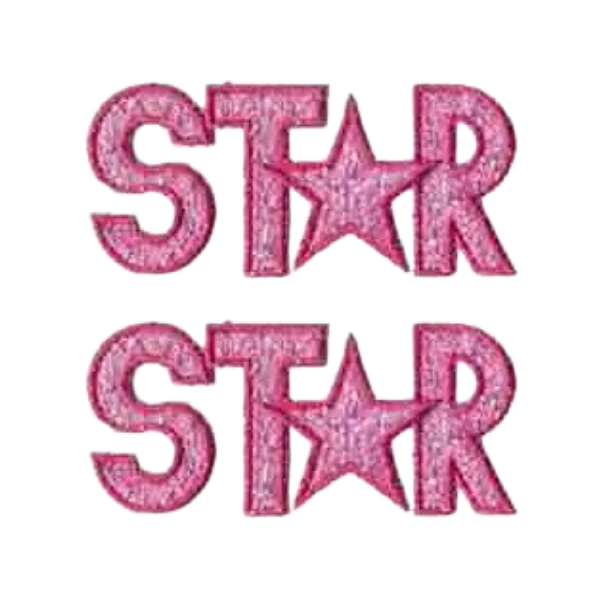 The LaughingLizards Pink Star Sparkle (2-Pack) Iron On Patch features "STAR" twice in pink glitter letters with a star-shaped "A." Add a cute, sparkly touch to your crafts or clothes with this fun patch set.