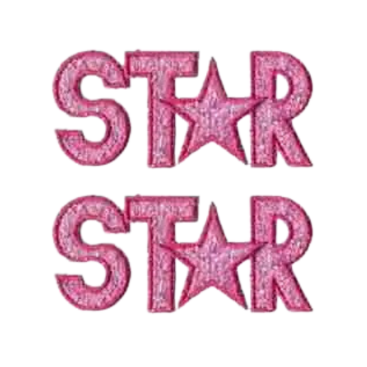 The LaughingLizards Pink Star Sparkle (2-Pack) Iron On Patch features "STAR" twice in pink glitter letters with a star-shaped "A." Add a cute, sparkly touch to your crafts or clothes with this fun patch set.