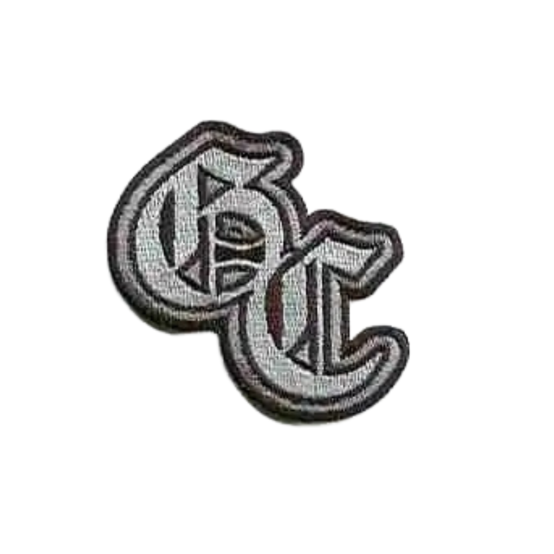 The Good Charlotte Logo Band Iron On Patch by LaughingLizards features overlapping black and white "C" and "L" letters on white—ideal for jackets or Good Charlotte fans.