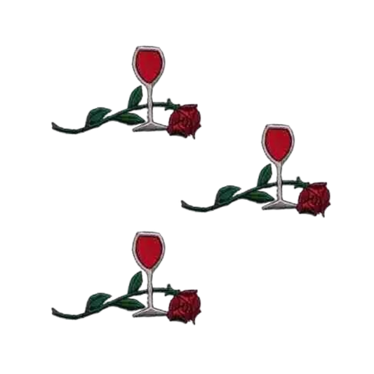 LaughingLizards Red Wine Glass with Rose Iron On Patch (3-Pack) features three identical patches, each showing a wine glass on a green stem with red rose—perfect for adding unique flair to your projects.
