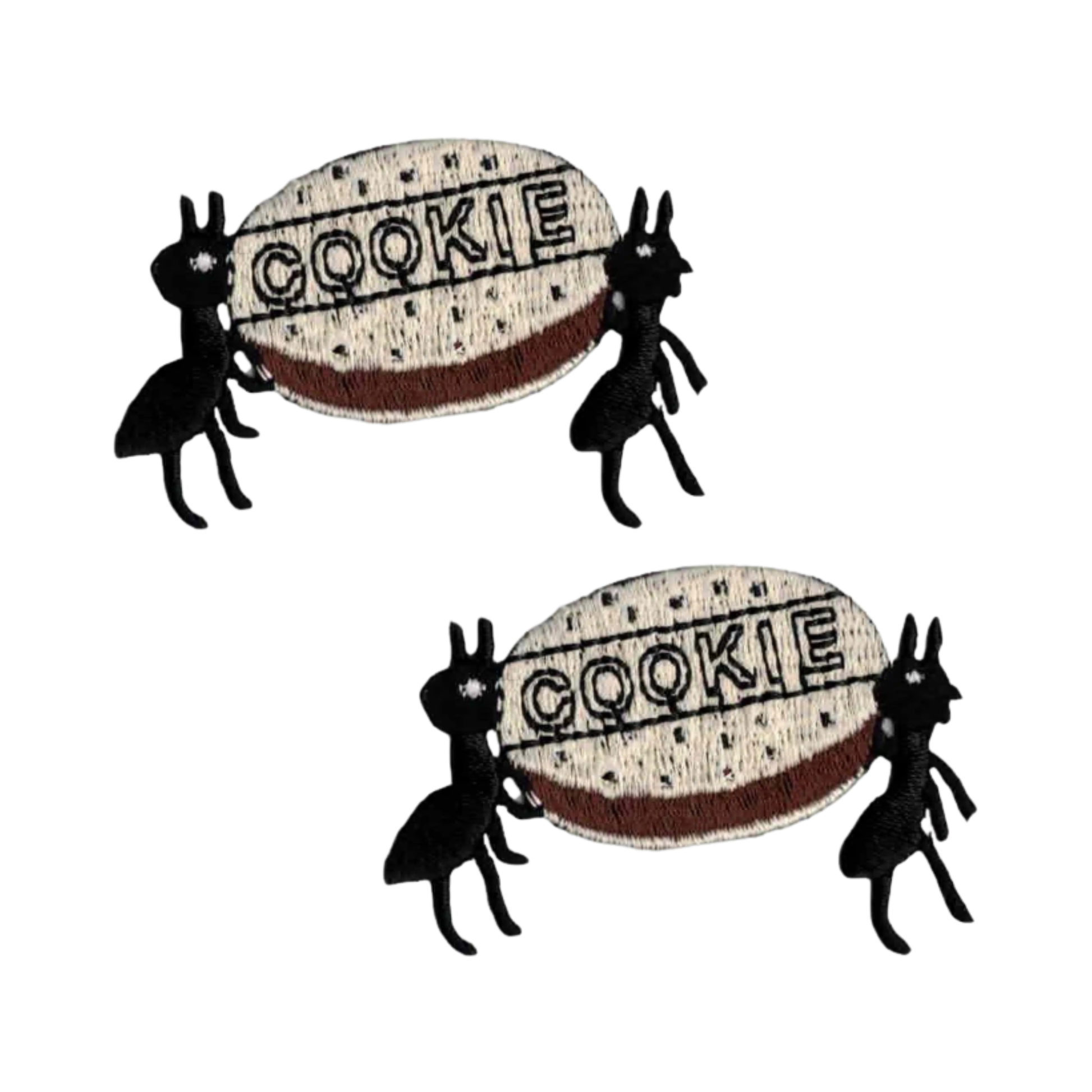 The LaughingLizards Ants with Cookie Insect Iron On Patch (2-Pack) features two identical black ants carrying a "COOKIE" appliqué—perfect for DIY crafts and displayed on a white background.