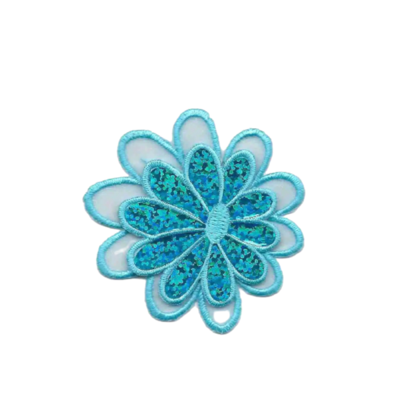 The Laughing Lizards Sparkle Daisy in Blue (3-Pack) Iron On Flower Applique features sequined inner petals and plain outer petals in light blue, all set on a white background for a sparkling decorative touch.