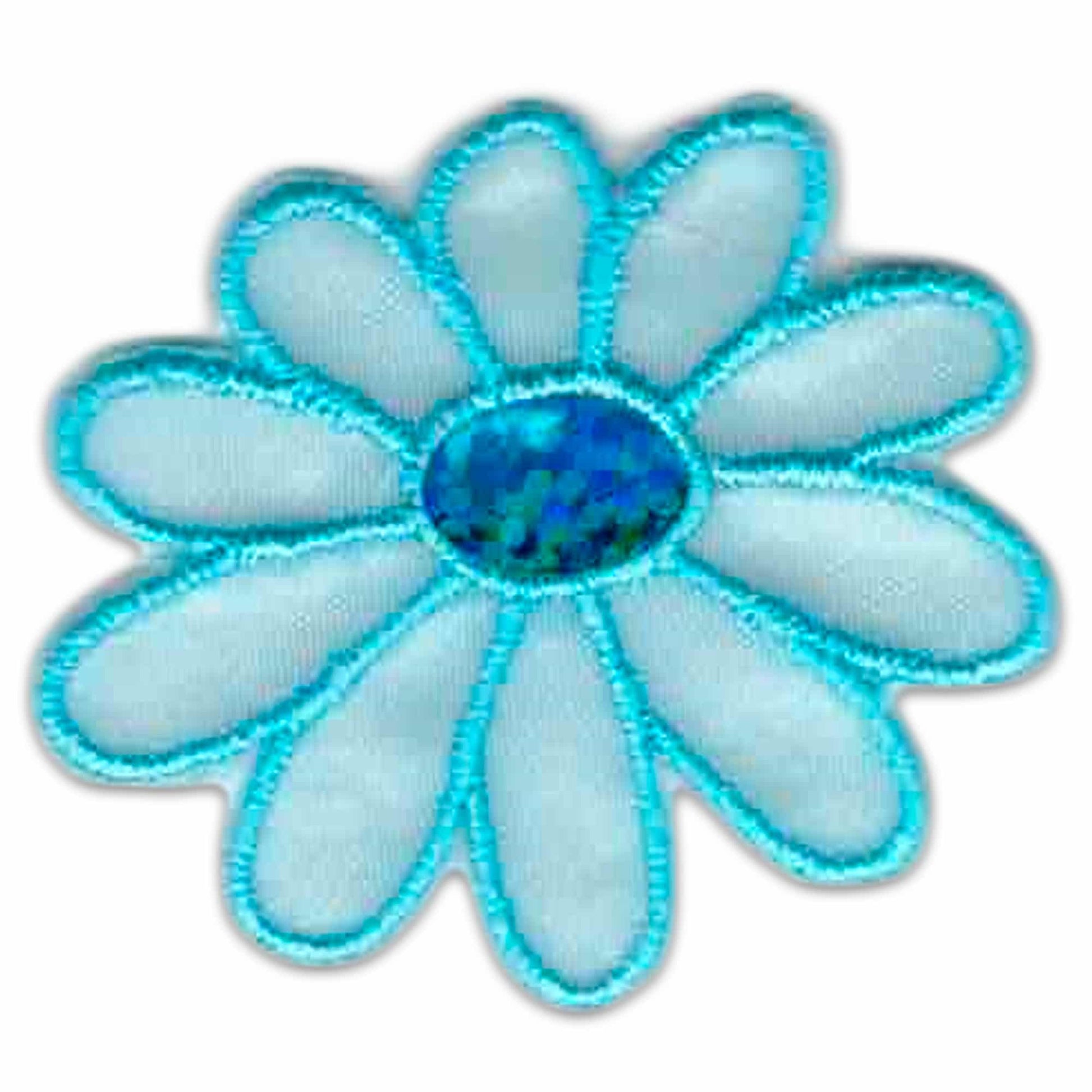A green flower (3-Pack) iron on patch embroidered on a white background.