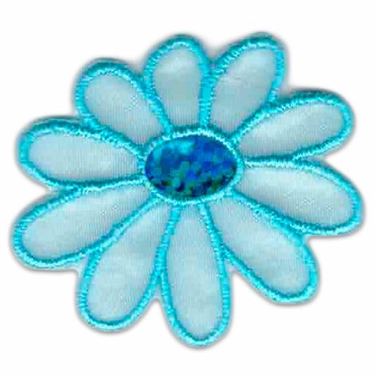 A green flower (3-Pack) iron on patch embroidered on a white background.