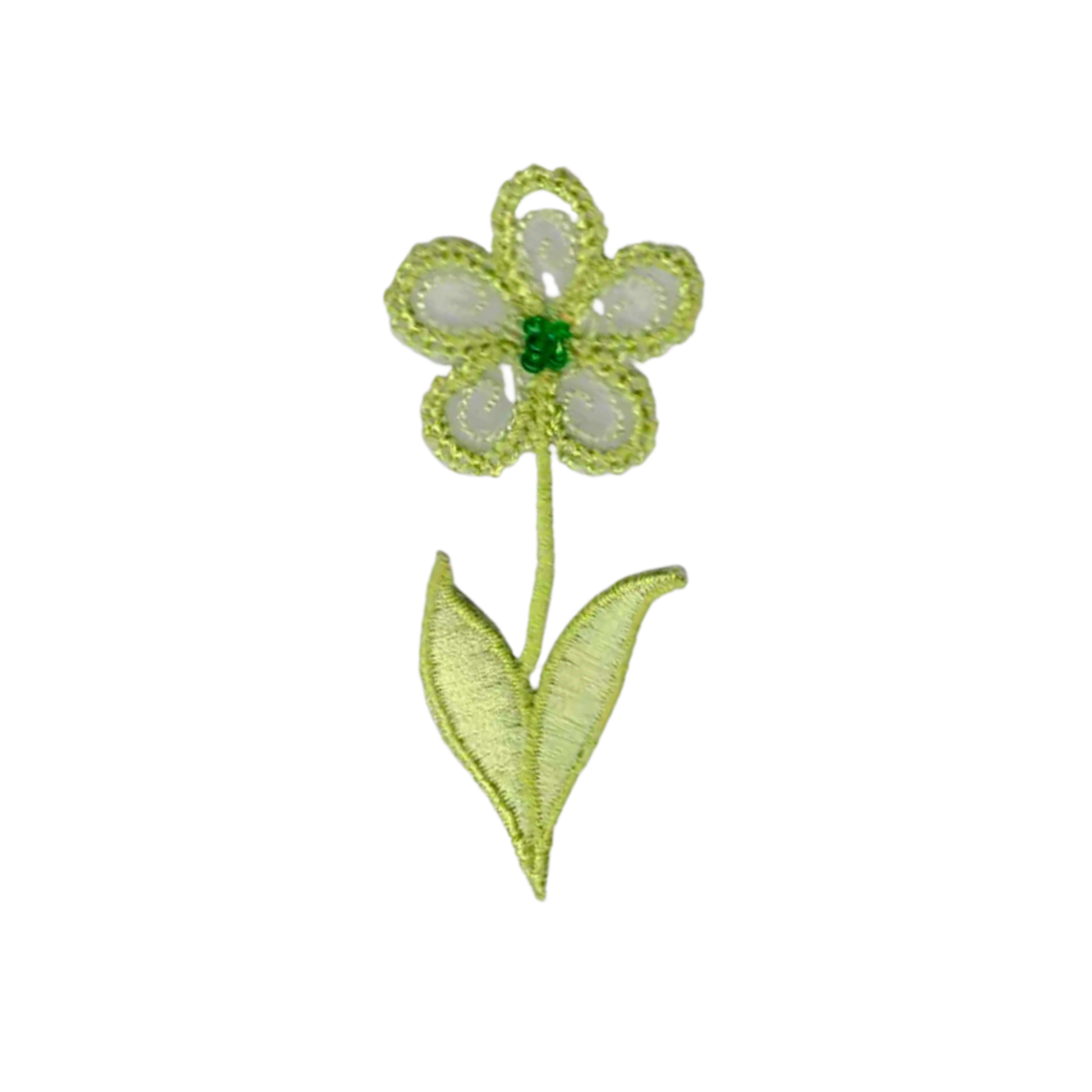 The LaughingLizards Green Flower (3-Pack) Iron on Patch features a flower with five white petals, a green center, and two green leaves—ideal for customizing jackets or bags.
