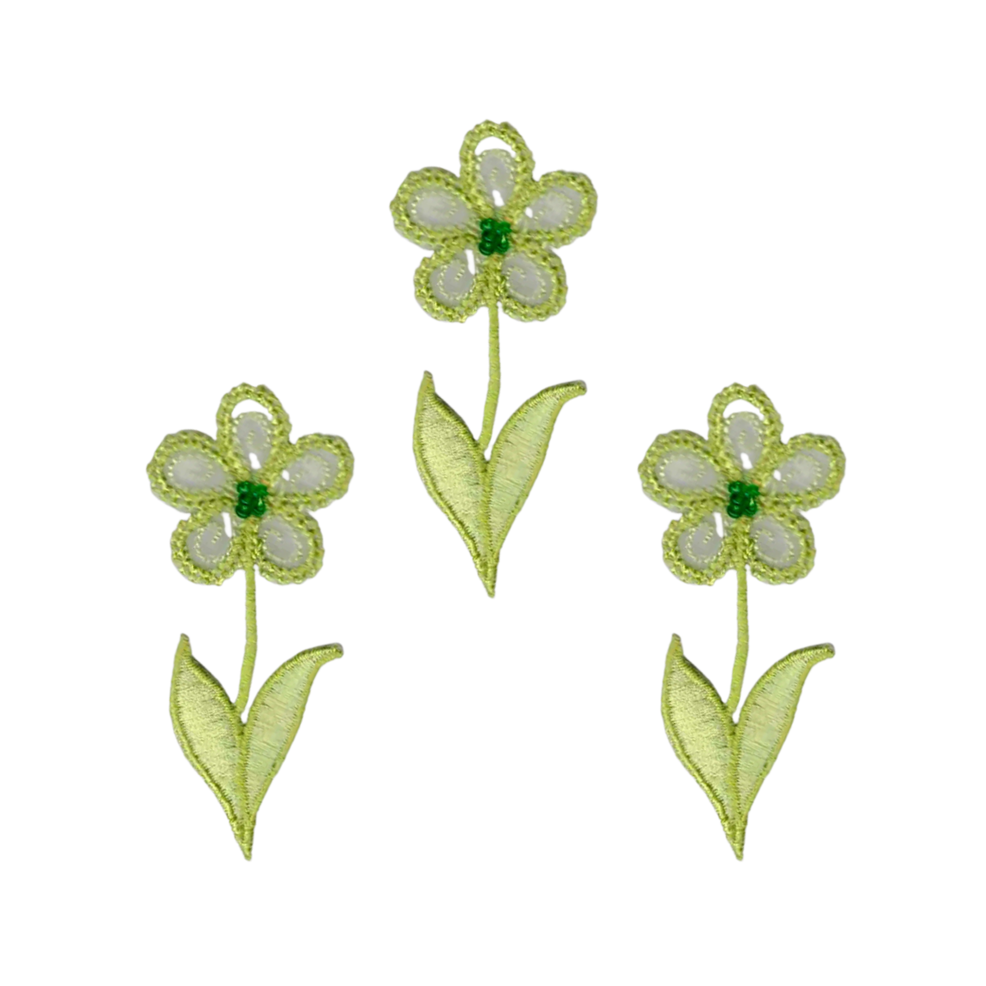 The LaughingLizards Green Flower (3-Pack) Iron on Patch features three embroidered green and white six-petal flowers with two leaves each on a white background, ideal for decorating your jacket or bag.