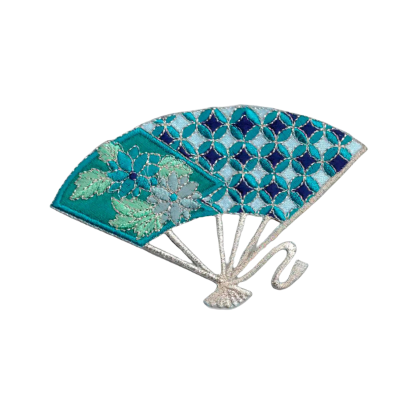 The LaughingLizards Oriental Fan (2-Pack) Iron On Patch features blue and teal geometric and floral patterns with silver accents and a white handle, evoking elegant Asian-inspired style. Displayed on a white background.