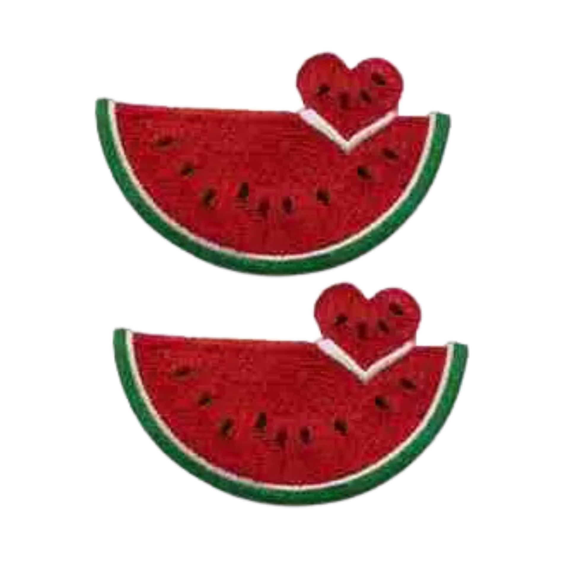The LaughingLizards Large Watermelon Fruit with Heart Cutout Iron On Patch (2-Pack) features two embroidered patches, each with a heart-shaped cutout—perfect for DIY crafts or as a fun accessory, shown on a white background.