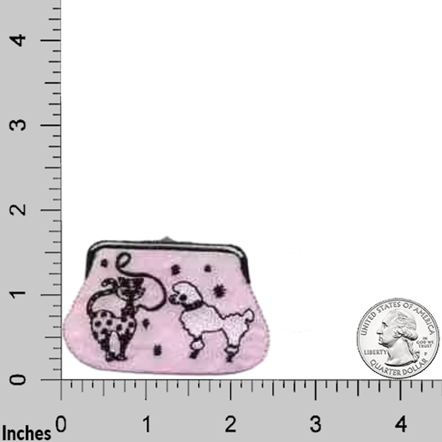 The LaughingLizards Kitty and Poodle Coin Purse (3-Pack) Iron On Patch set features a small pink purse with poodle designs, shown beside a quarter and ruler for scale—about 2" tall by 3" wide—great as a cute fabric accessory.