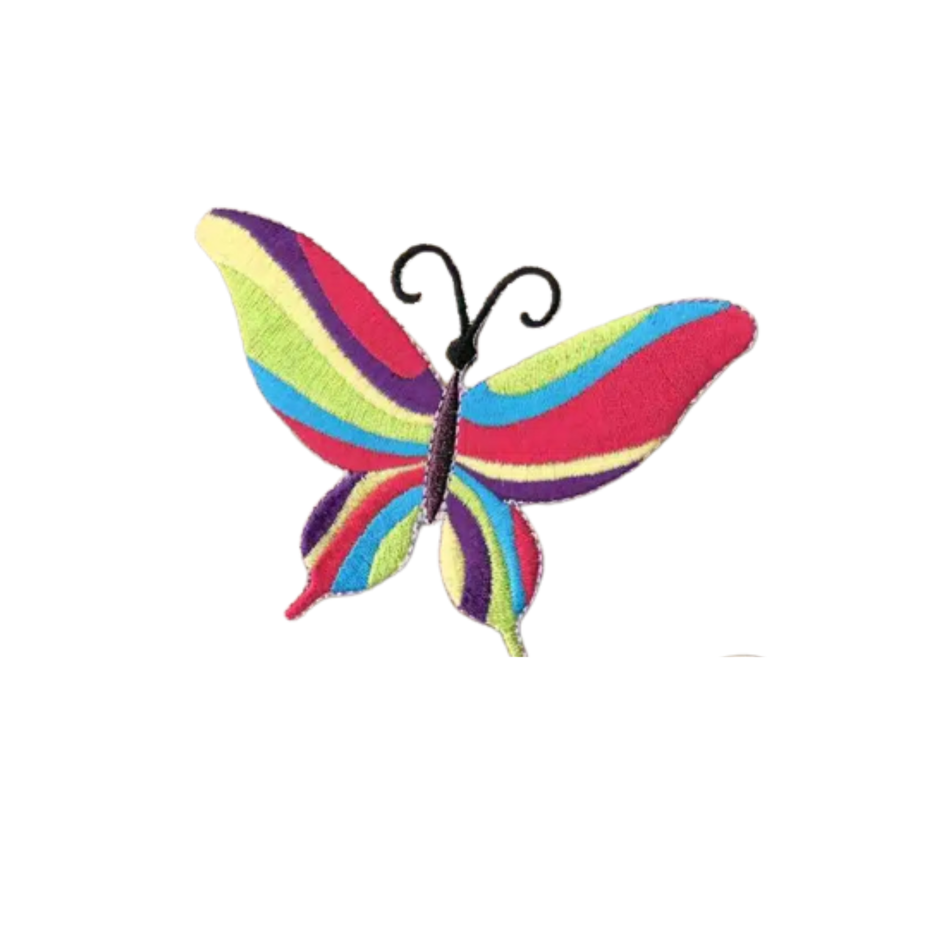 Add unique flair to your clothes with LaughingLizards’ 60’s Multi-Colored Butterfly Iron On Patch (3-Pack)—features bright red, green, yellow, purple, and blue wings on a white background.
