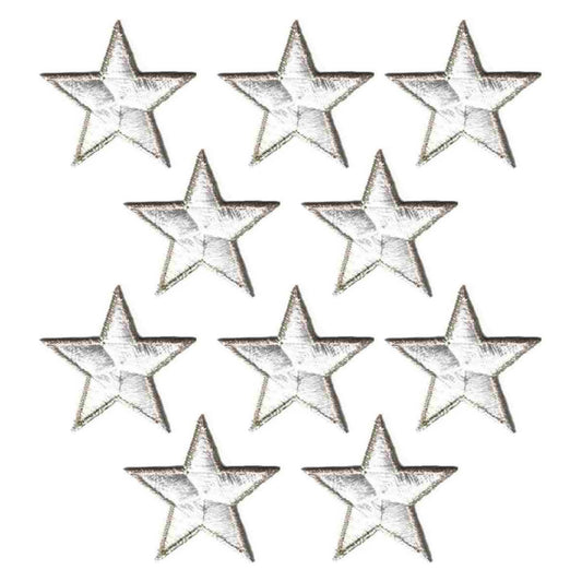 A set of six White Star with Metallic Outline (5-Pack) Star Embroidered Iron On Patches 1.75 Inch on a white background.