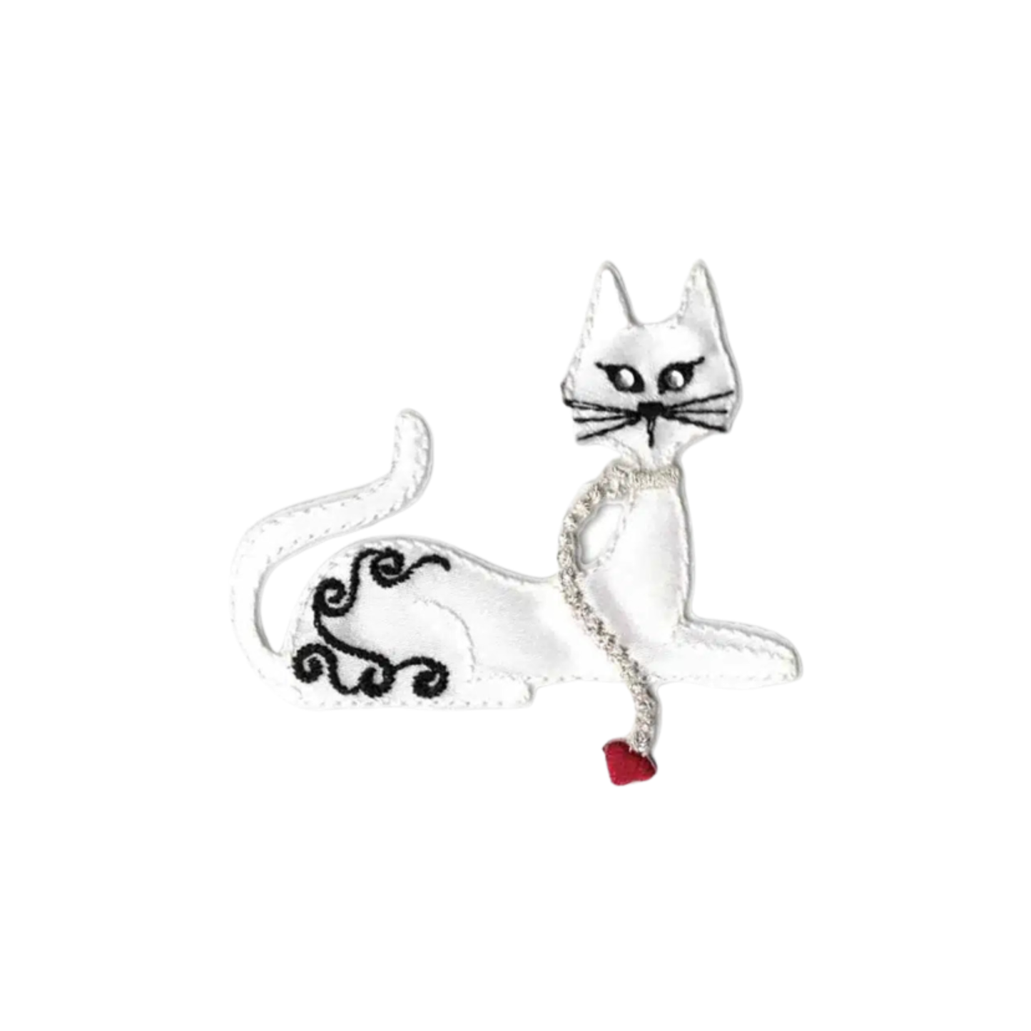 Laughing Lizards Satin Small White Cat Iron On Patch (3-Pack)—white cat with black features, curled black side pattern, and a red heart. Ideal kids clothing patch or playful cat applique.