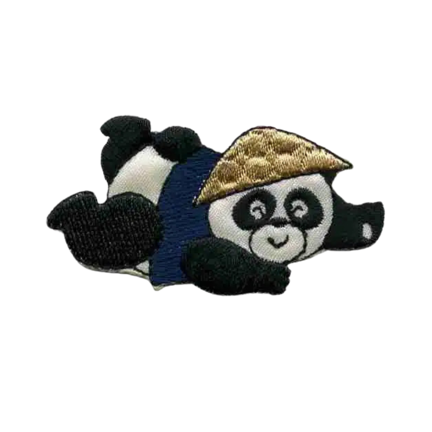 The Laughing Lizards Panda Bear In Asian Hat & Vest (3-Pack) Iron on Patch features a smiling panda in a blue vest and yellow conical hat. Perfect for animal lovers, these patches add a cute touch to any project.