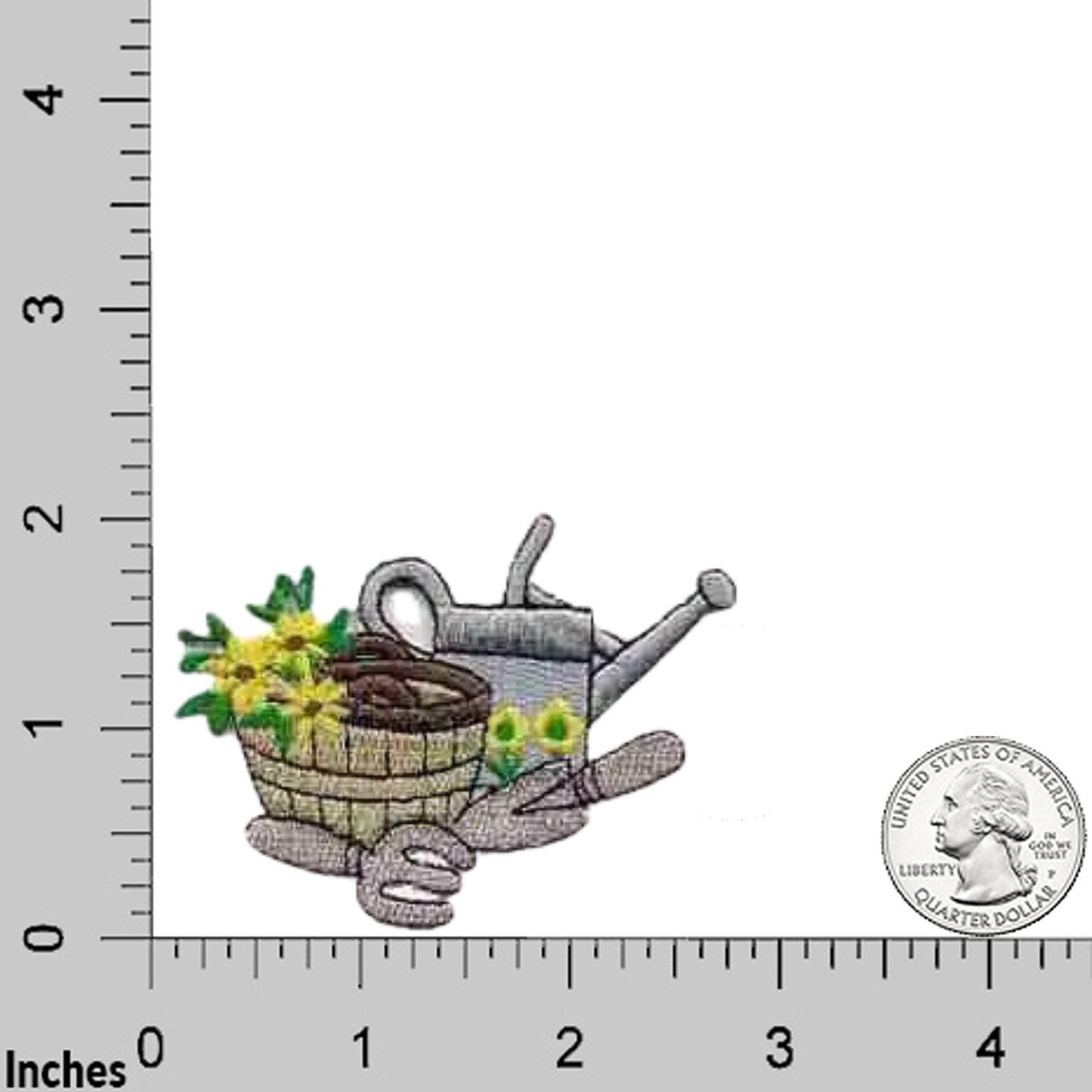 The Gardening Tools (3-Pack) Iron On Patch by Laughing Lizards features sunflowers, a watering can, and tools, shown next to a U.S. quarter on an inch ruler grid.