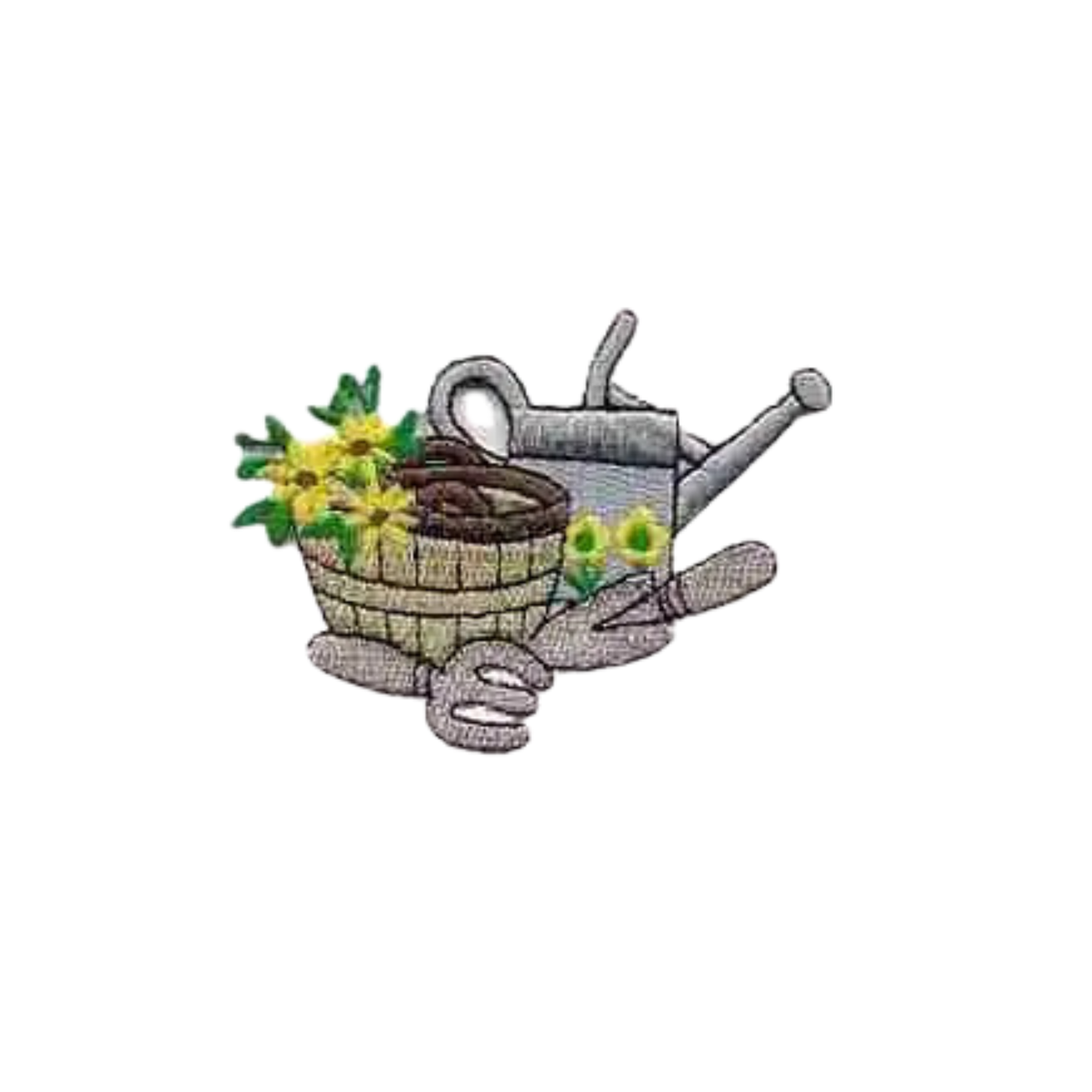 The Laughing Lizards Gardening Tools (3-Pack) Iron On Patch features a basket with yellow flowers, gardening gloves, and a metal watering can—perfect inspiration for decorating your gear.
