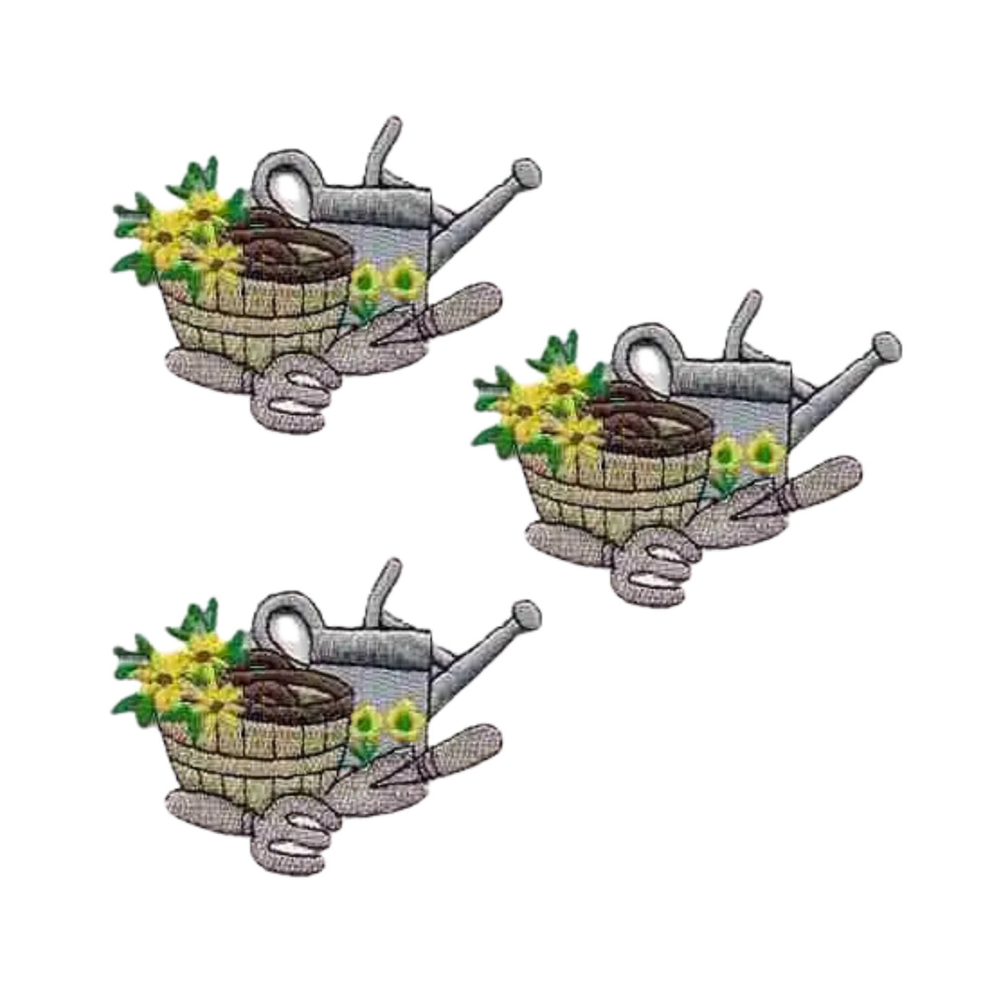 Laughing Lizards’ Gardening Tools (3-Pack) Iron On Patch features embroidered designs—a watering can, flower-filled basket, gloves, and hand rake—perfect for DIY crafts or decorating with a gardening theme.