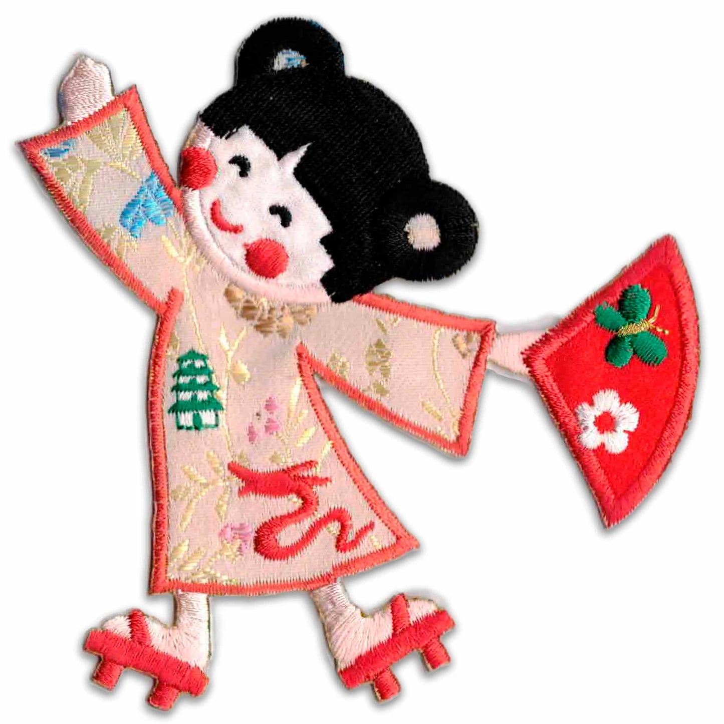 A japanese girl wearing a kimono and holding Two Palm Trees in Sunset (2-Pack) Iron On Patch - SMALL.