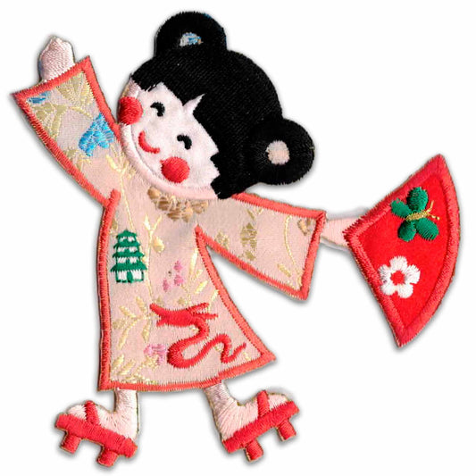 A japanese girl wearing a kimono and holding Two Palm Trees in Sunset (2-Pack) Iron On Patch - SMALL.