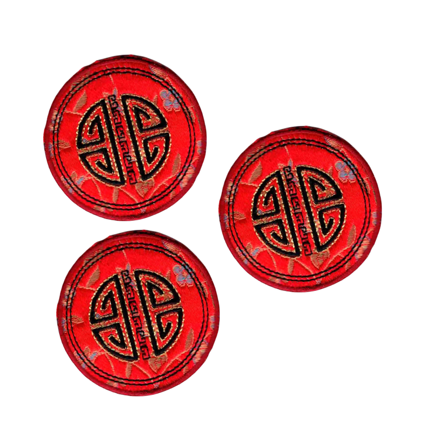 Laughing Lizards' Chinese Emblem "Longevity" Round Embroidered Satin Iron On Patch 3-Pack features red patches with black and gold geometric designs—ideal for embroidery or as Chinese longevity accents.