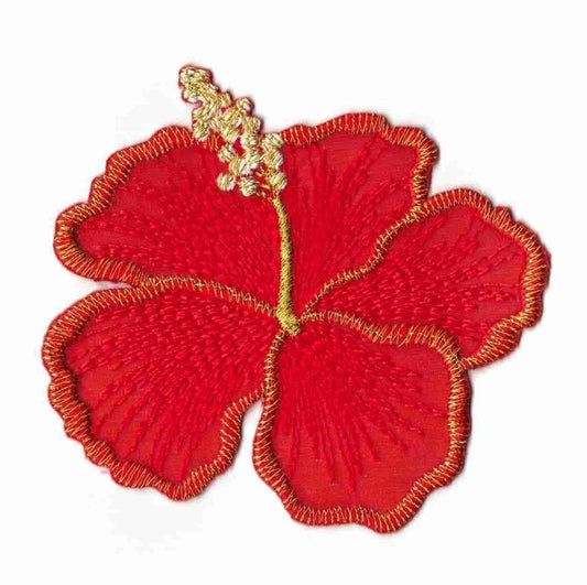 A Large Shimmering Hibiscus Flower Iron on Patch: Red embroidered on a white background.